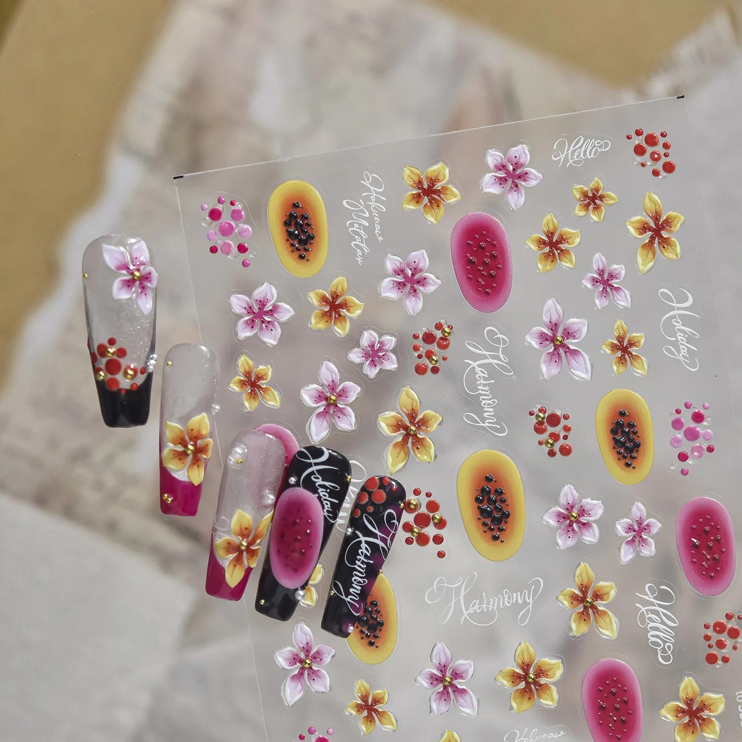 Black White Frangipani Pure Colour Petal Floral Blossoms Rhinestone Polka Dot Chic Adhesive Nail Charms Sticker Manicure Decals