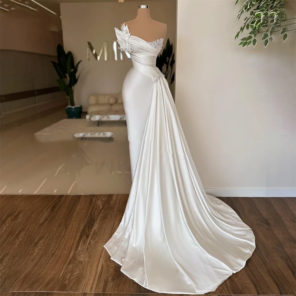 

Elegant white graduation gown strapless satin mermaid Pearl floor-length cocktail dress فساتين السه