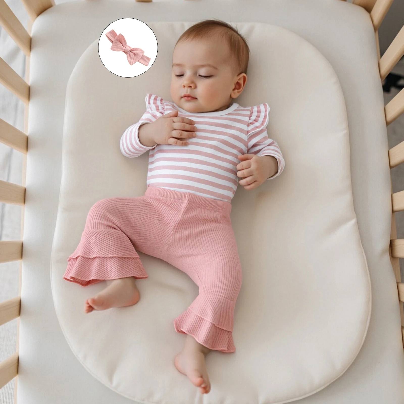 ملابس خريفية للفتيات الصغيرات، رومبير مخطط بأكمام طويلة مع بنطال واسع ومجموعة ملابس عصابة رأس