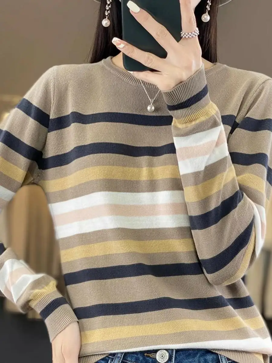 

00% Pure Cotton Long Sve Knitted Sweater Women's round Ne Overhead Stripe Pattern Full Cotton Tead Online irt