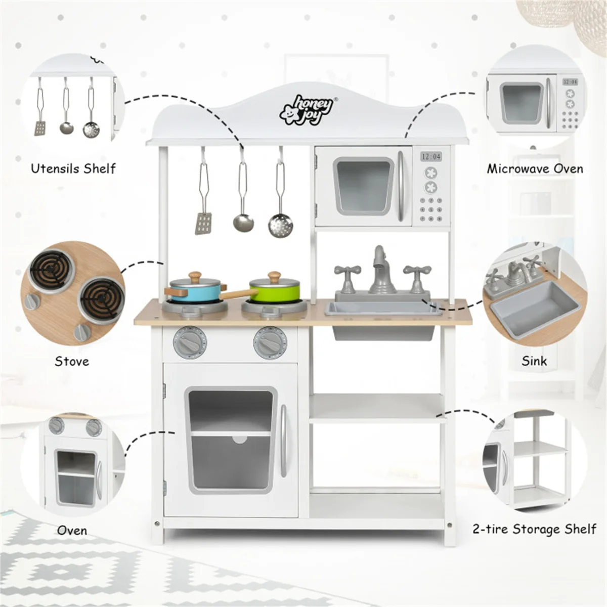 White Wooden Pretend Play Kitchen Set with Accessories and Sink，Gift for 3-6 Years Old