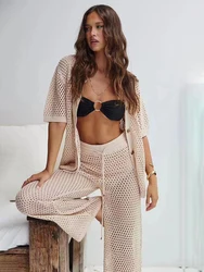 2-delige Gebreide Opengewerkte Outfit Voor Dames Zomer Casual Strandpakken Losse Cardigan Tops Met Korte Mouwen En Broek Sets