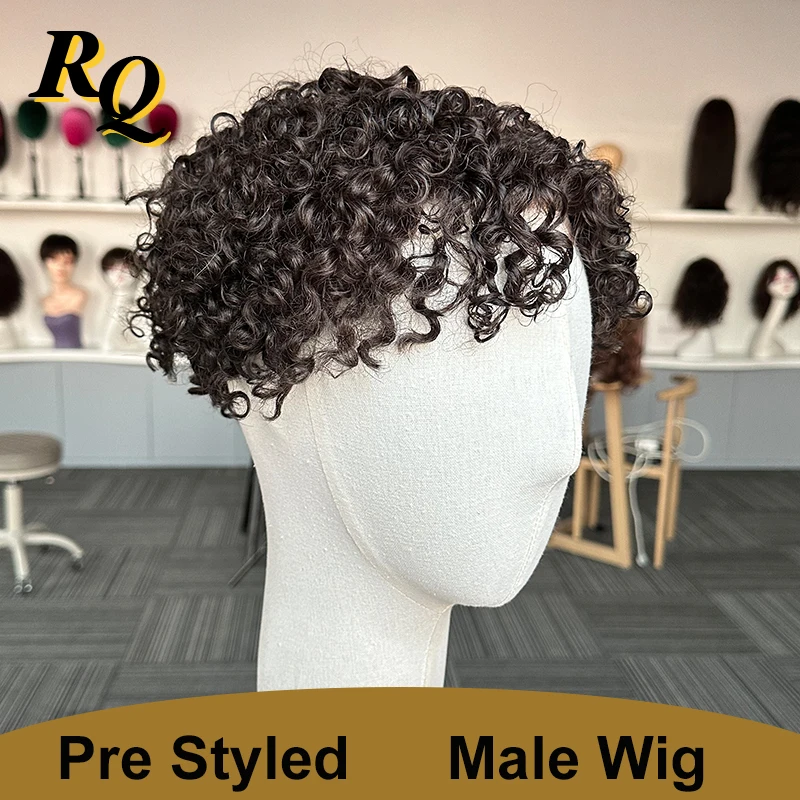 Q6 Men Toupee Peruk 15mm Curls Pre Cut Styled Human Hair Toupee For Men Hair Replacement System Piece Protesis Hombre Male Wig