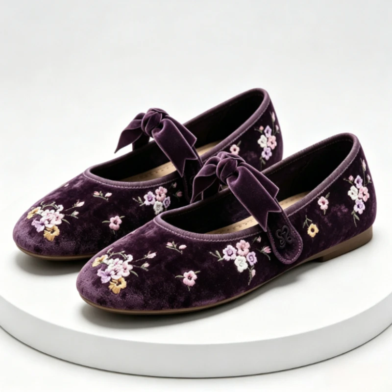 Luxury Velvet Embroidered Flats Women Butterfly Knot Crystal Bead Design Mary Jane Shoes Elegant Designer Lolita Shoe Dress Shoe