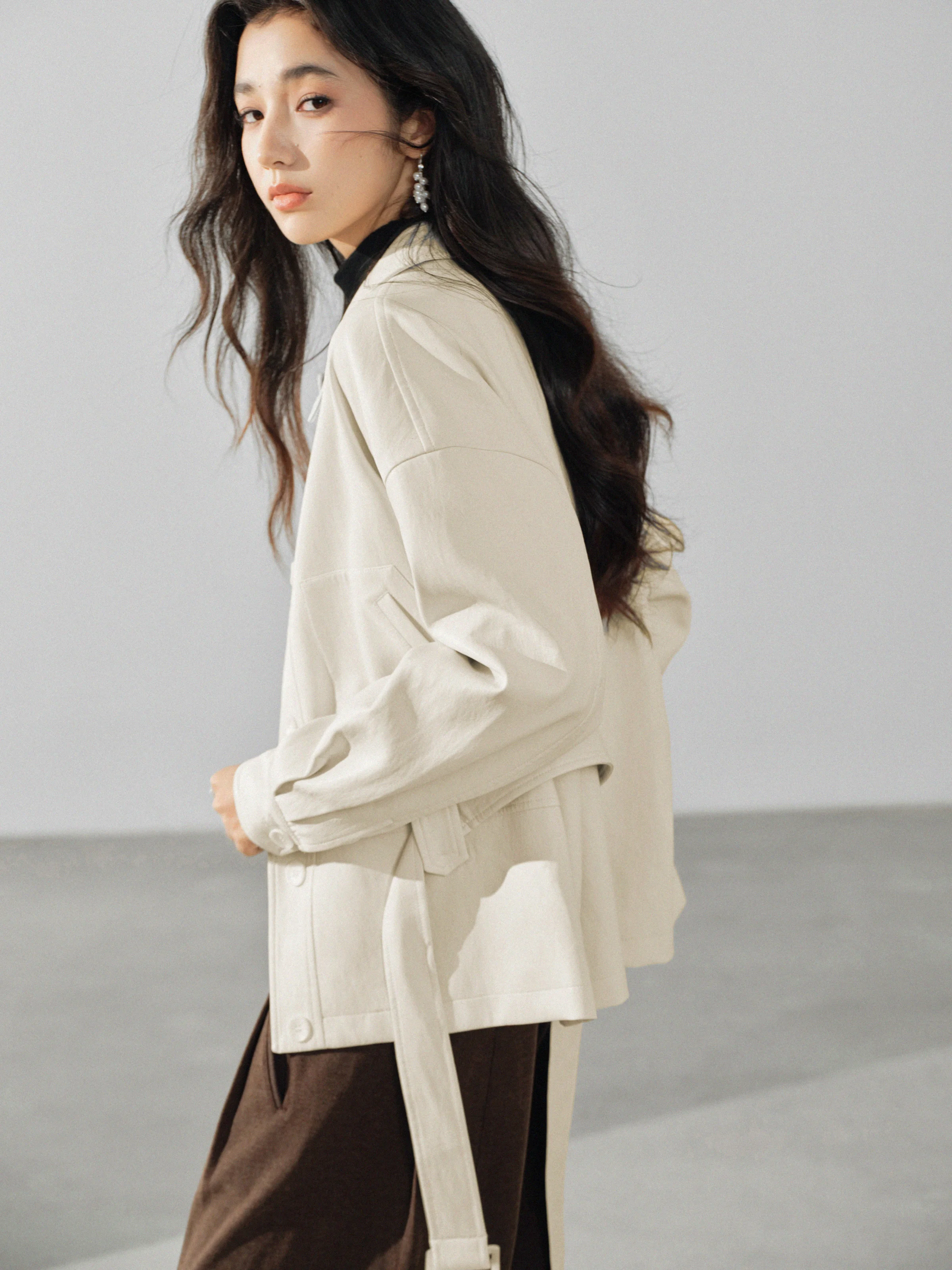 Leather Jacket Women Belted Waist Short Coat Vintage Lapel Outerwear for Autumn Office Chic Fashion Elegant Casual Retro Look