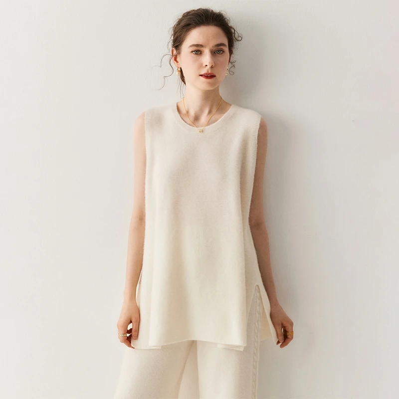 ANGEL 100% Kaszmir Damska Kamizelka Wiosna Jesień Zima Okrągły Dekolt Miękki Sweter Dzianinowy Prosty Casualowy Wygodny Bezrękawnik Koreańskie Bluzki