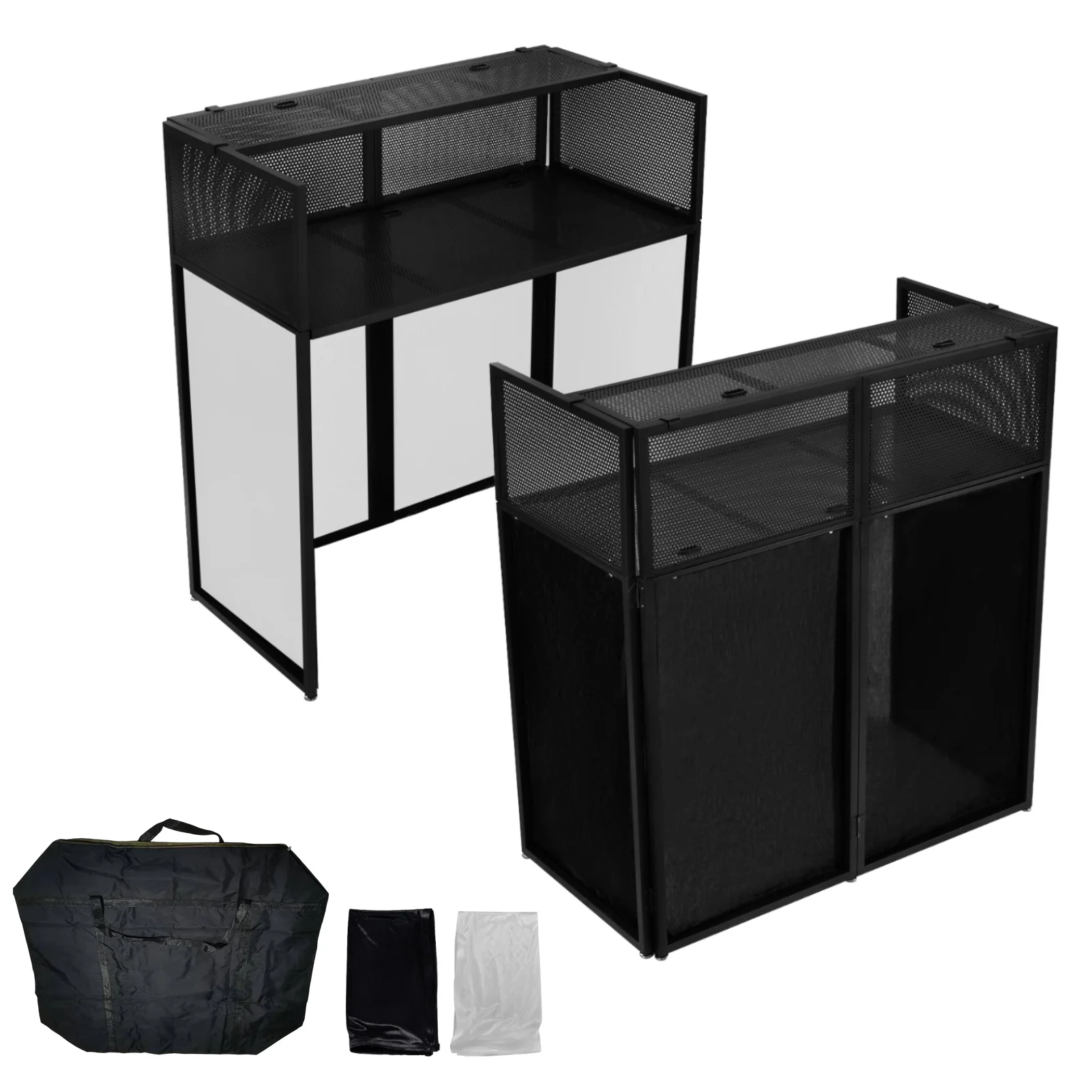 Portable DJ Booth Stand with Metal Frame, Height Adjustable Foldable DJ Table Rack with Black and White Scrims, Carrying Bag, Storaggio Pieghevole Portatile