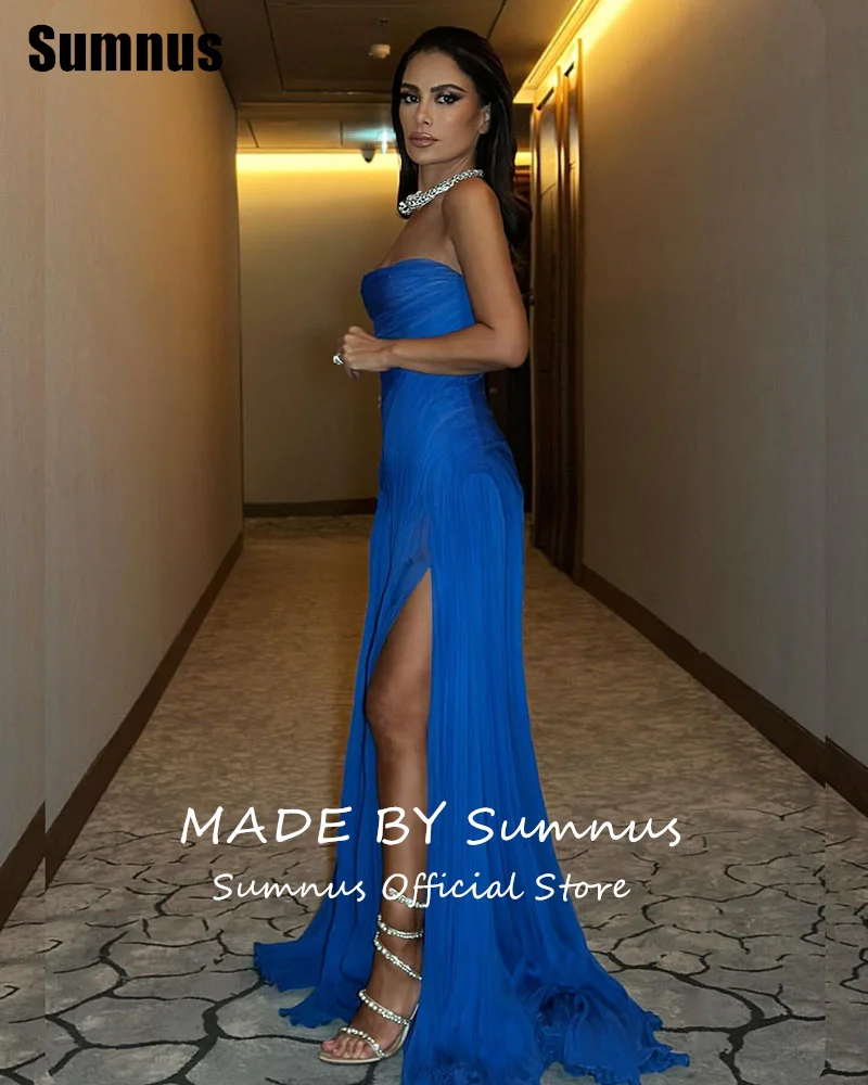 Sumnus Simple Straight Royal Blue Prom Dresses Strapless Side Slit Party Dresses Sleeveless Evening Dresses Customized image 3