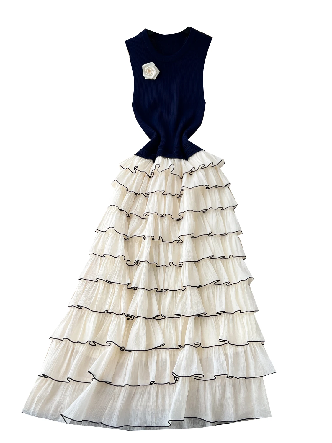 Vestido E de Malha com Cintura Alta Moda Fena de Verão Estilo Camadas Sem Mangas Vestido A-Line Estilo Francês