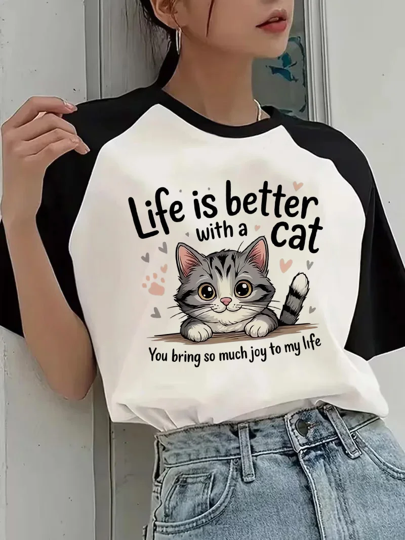 Women's Cute Cat Crew Neck T Shirt with Life Is Better Slogan Print Casual Short Sleeve T-Shirt Woman Graphic Tees Tops Clothes