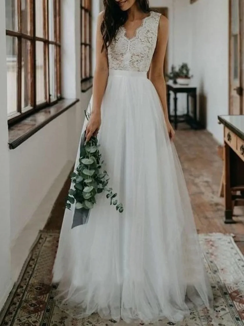 

VENSANAC Deep V Neck Boho Tulle A Line Wedding Dress Lace Embroidery Sash Backless Sweep Train Bridal Gown