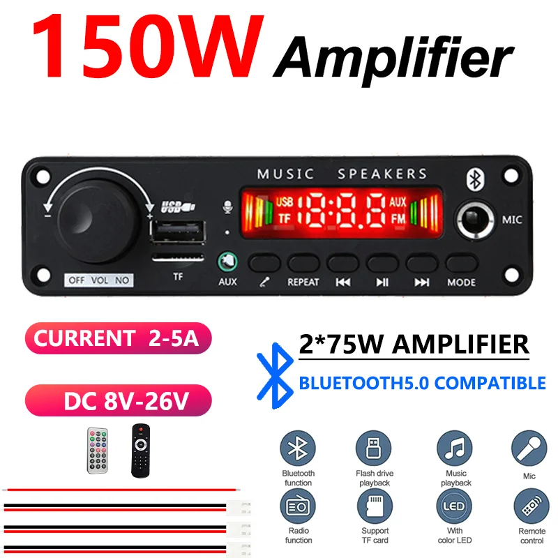 ARuiMei 150W Bluetooth Amplifier Board, 2×75W Stereo Audio Amp with Mic Input, USB/TF/FM/AUX, Remote Control, DC8-26V for Car Ho