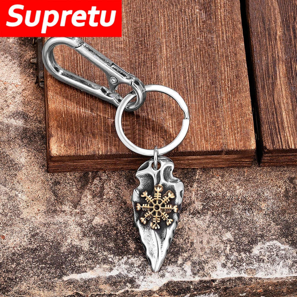 نورس رونز درع البوصلة المفاتيح الفولاذ المقاوم للصدأ الفايكنج الرمح قلادة تميمة الرجال سيارة كيرينغ الدفاع عن النفس مجوهرات الذكور هدية