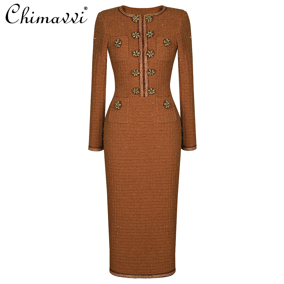 

Autumn Winter New Fashionable Elegant Woolen Knitted Dress Light Luxury Round Neck Long Sleeve Slim Fit Long Women's Dress