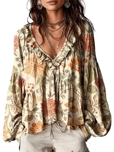 Blusa de outono com decote em V, camisa de manga comprida para mulher, blusa de primavera, peça casual, elegante, moderna, para usar no dia a dia e em