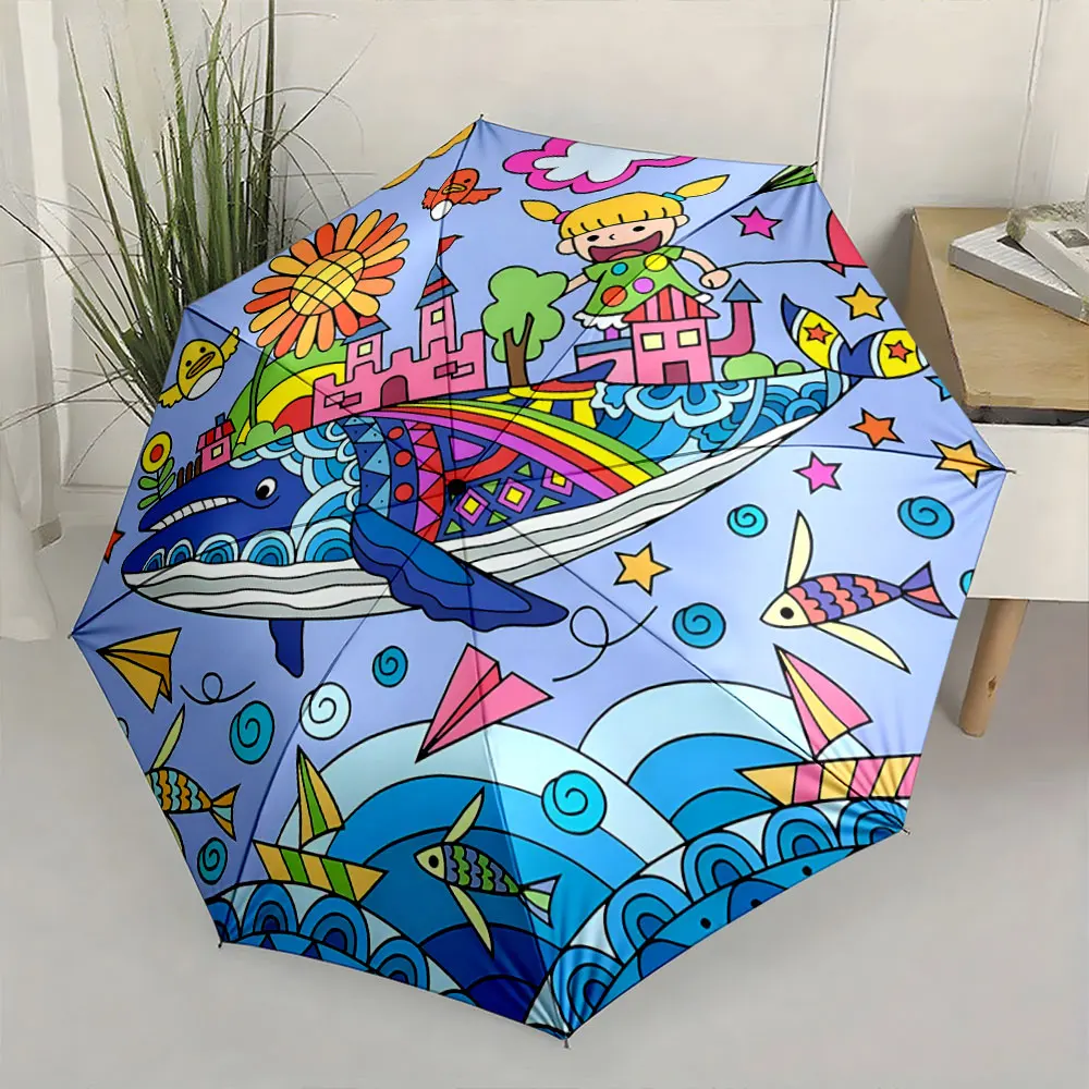 1PC Whimsical Ocean Adventure on a Vibrant Umbrella Print 8 Iron Ribs Folding Umbrella Auto-Open Fashion Sunshade