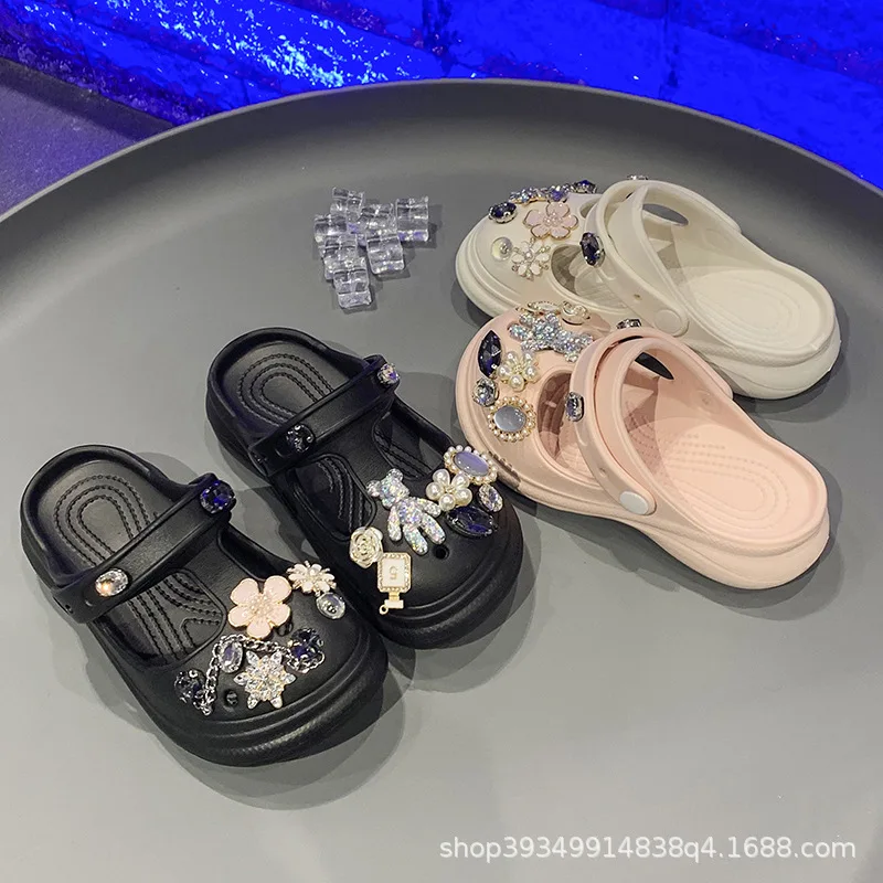 Summer Children's Slippers 2024 New Girl's Cute Crystal Bear Hole Shoes Indoor Cool Slippers with Headband Fashion Sandals