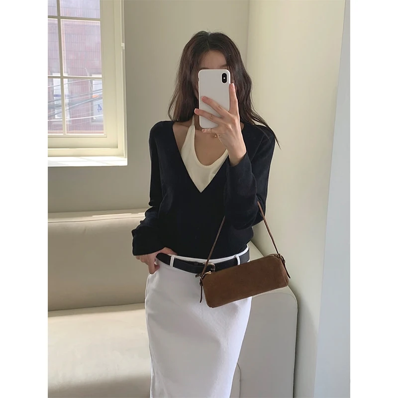 

Streetwear Off Shoulder Sweater Women Fashion Sexy Halter Knitted Pullovers Korean Patchwork Knitwears Winter Design Jumpers New