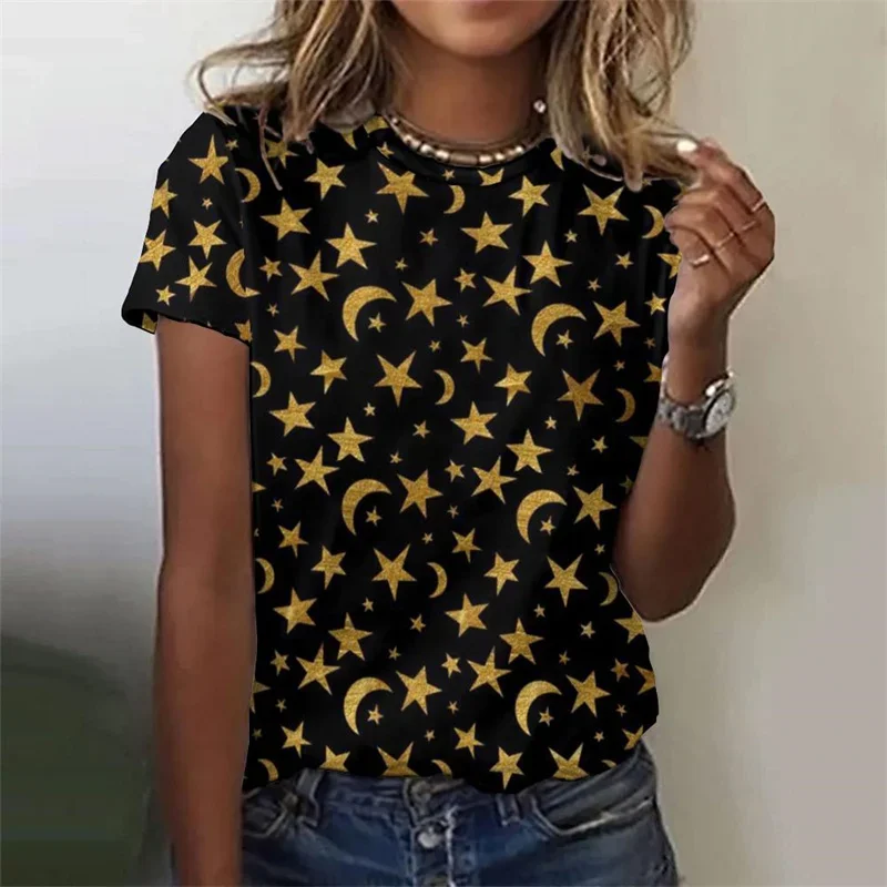 Grande taille décontracté t-shirt ample col rond hauts manches courtes 3D imprimé soleil étoiles lune t-shirt pour les femmes ciel étoilé t-shirts graphiques