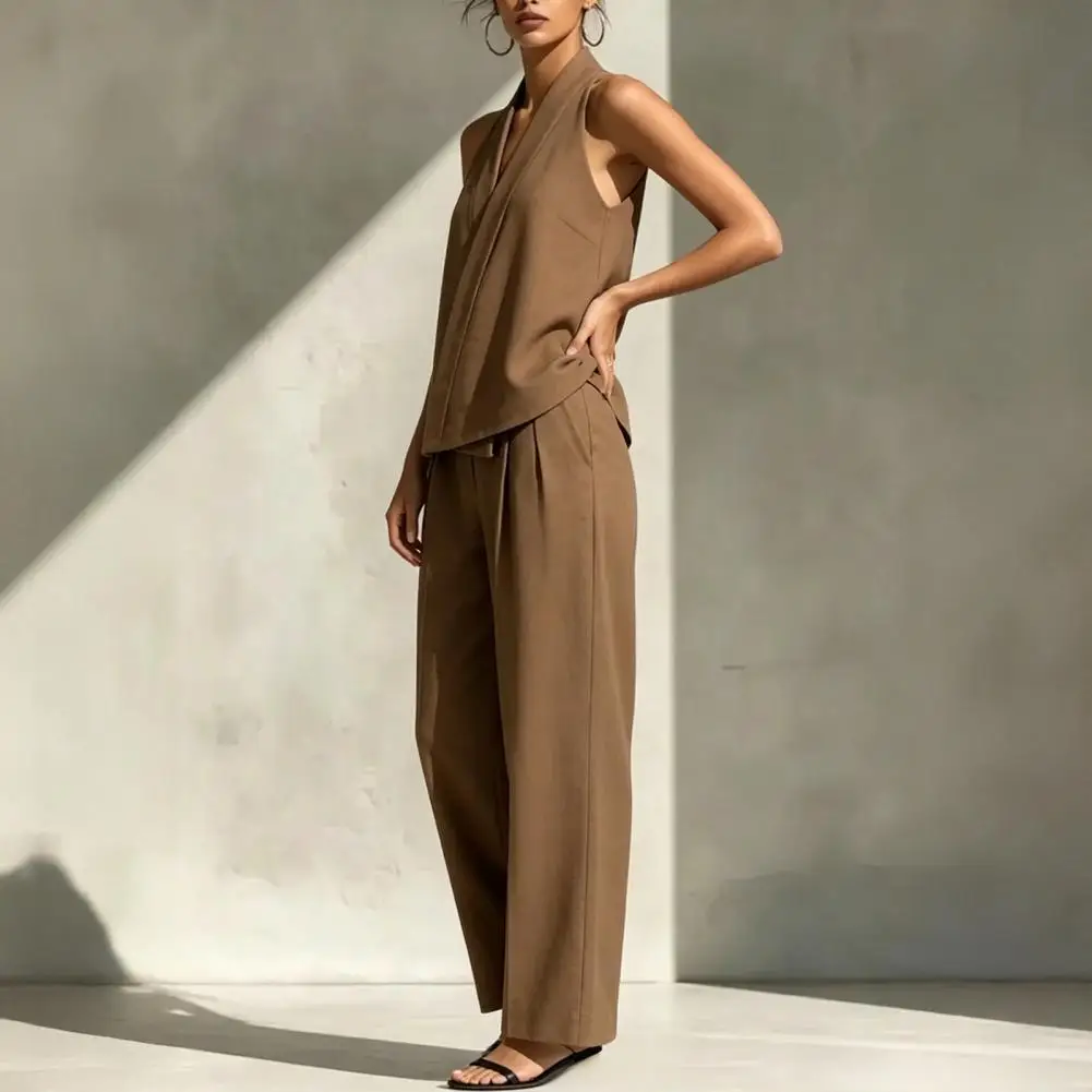 Versatile Women Clothing Set Women's Two Piece Set Sleeveless V Neck Vest Top Wide Leg Pants Matching Outfit Casual Business