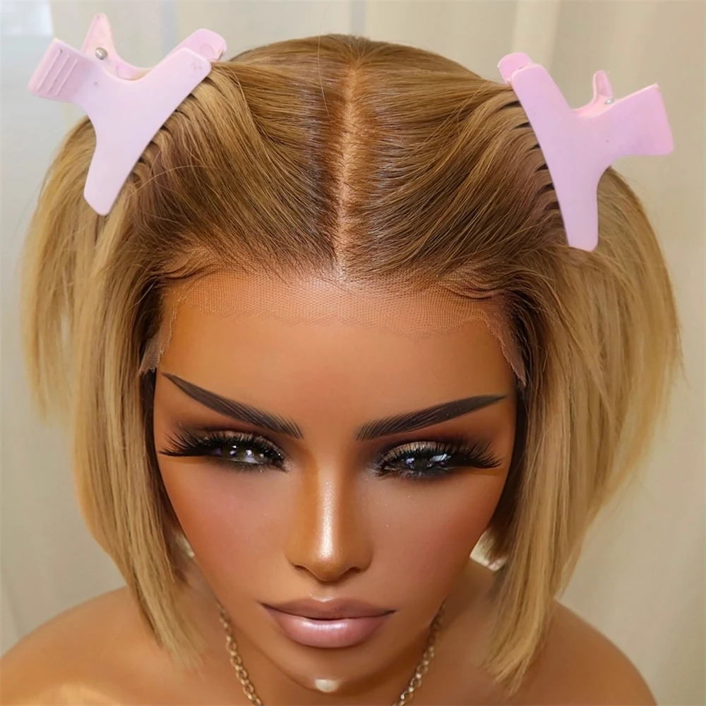 Ombre Creamy Golden Blonde Synthetic HD Lace Front Wig with Medium Brown Roots Cosplay Heat Resistant Fiber Short Straight Bob