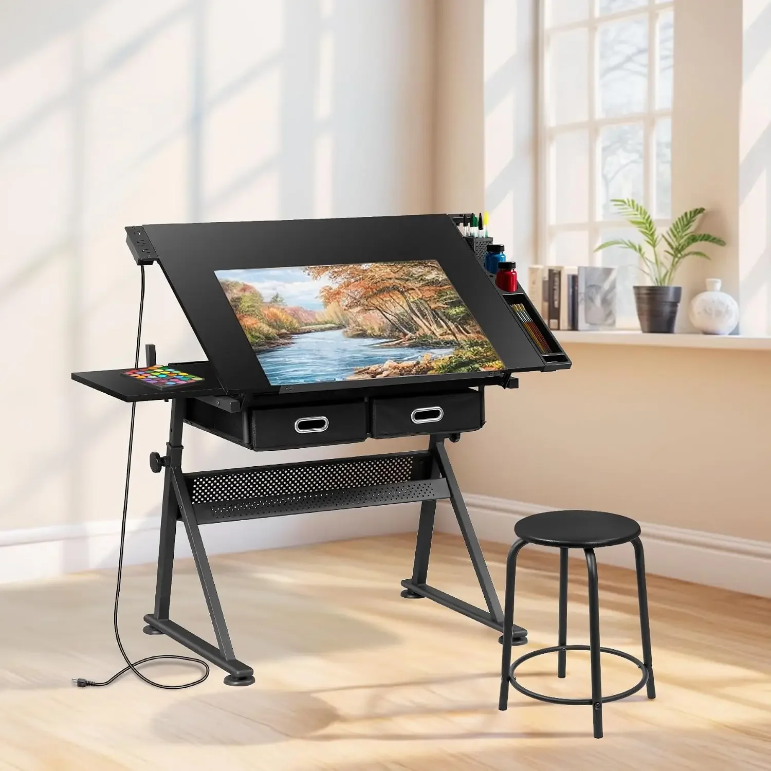 Drafting Table Art Desk w/Power Outlet and Stool, Adjustable Tilting Drawing Table Artist Desk with 2 Storage Drawers, Art