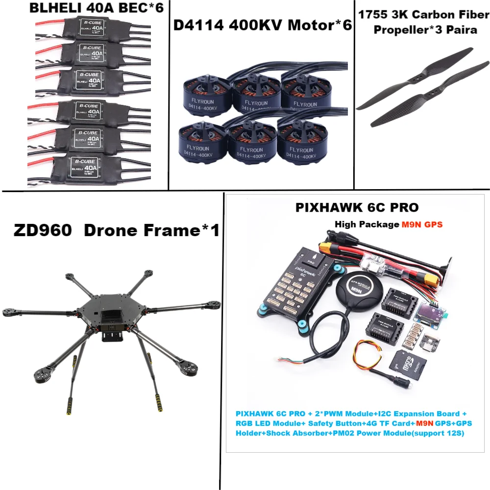 ZD960 PIXHAWK 6C PRO M8N M9N M10 Cadre Hexa-Rotor Entièrement en Fibre de Carbone, BLHELI 40A ESC, Contrôle de Vol, Ensemble de Télémétrie Rado