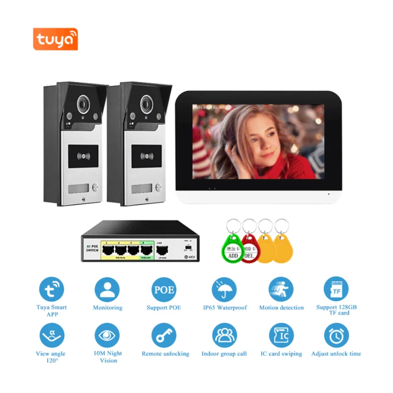 TUYA 1080P Wifi Video Türklingel 7 Zoll Touchscreen POE Port HD Smart Türklingel Home Video Intercom für RFID Access Control System
