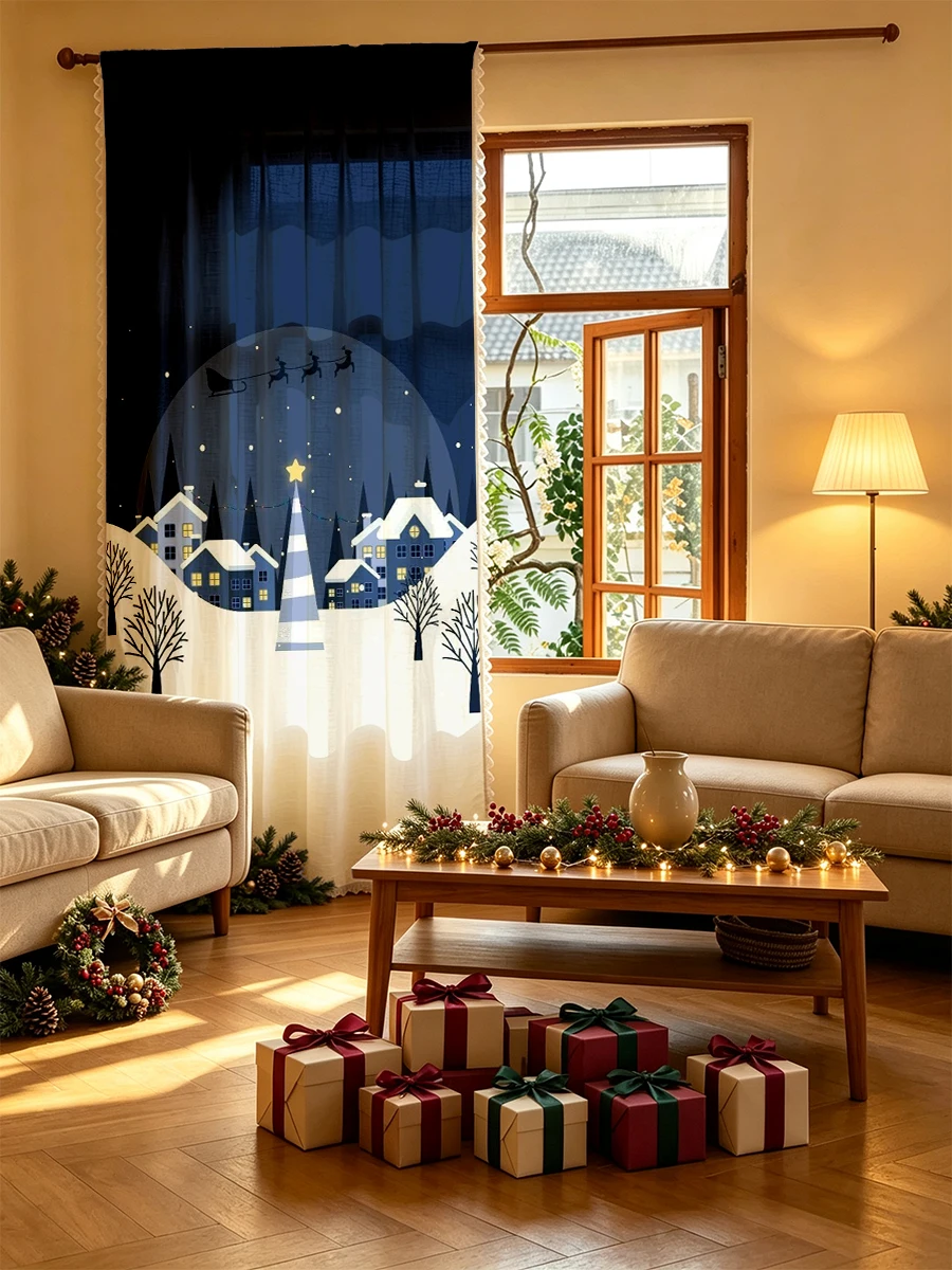 1PC Christmas Tassel Sheer Curtains, Christmas Town Night, Digital Print, Linen Polyester, for Living Room Bedroom Window