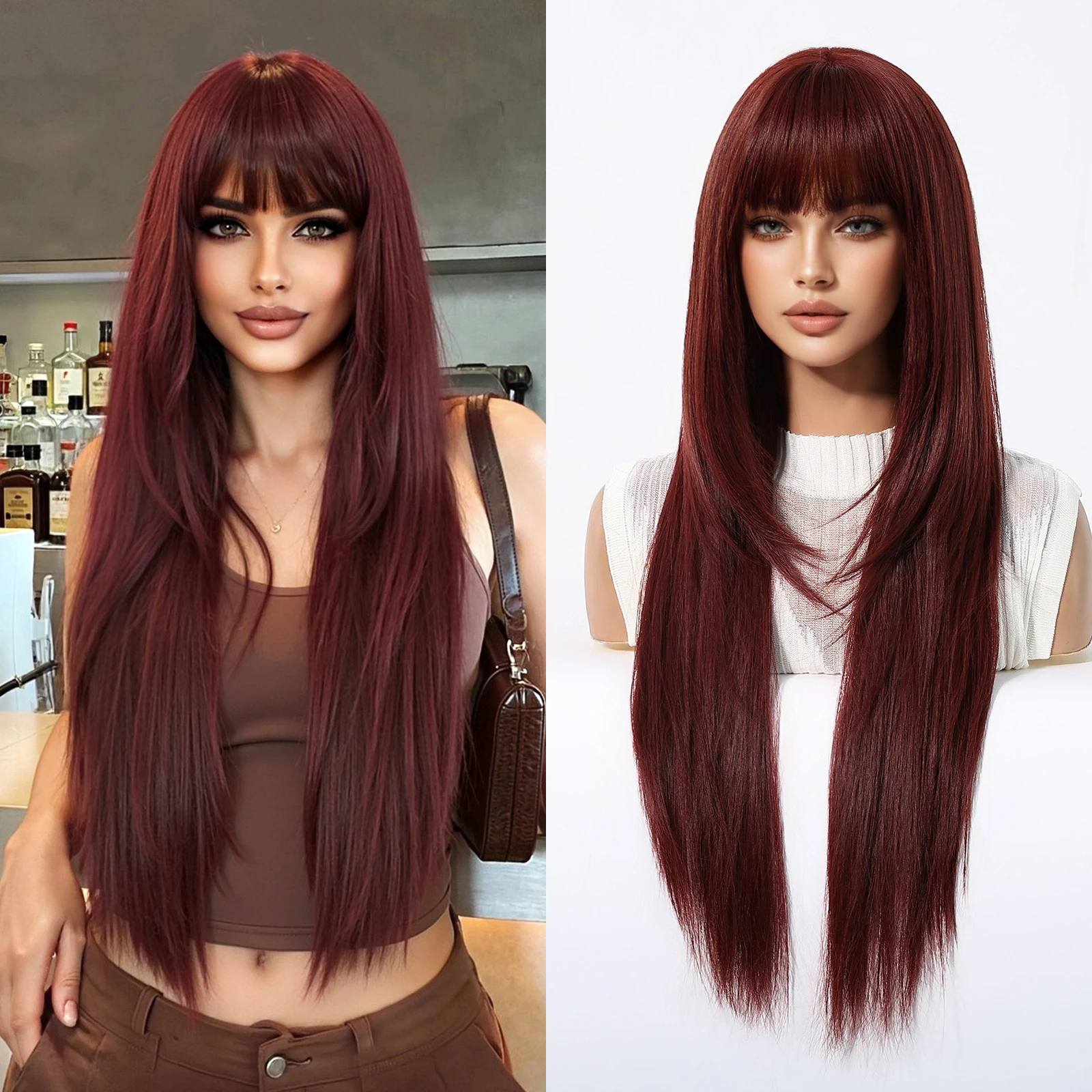 

Длинные бордовые винно-красные прямые парики для женщин, парик из синтетических волос с челкой, повседневная вечеринка, натуральный косплей, термостойкий парик