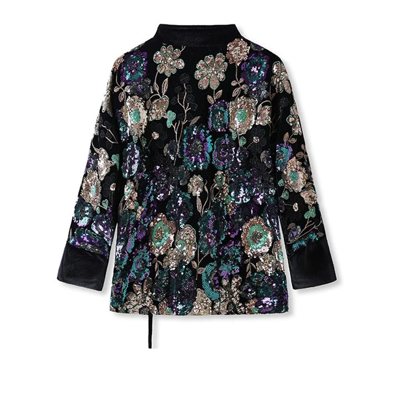 2024 Spring and Autumn New Chinese style V-Neck Embroidered sequined Coat Lace Up Colorful Flowers Jacket Women S-XL