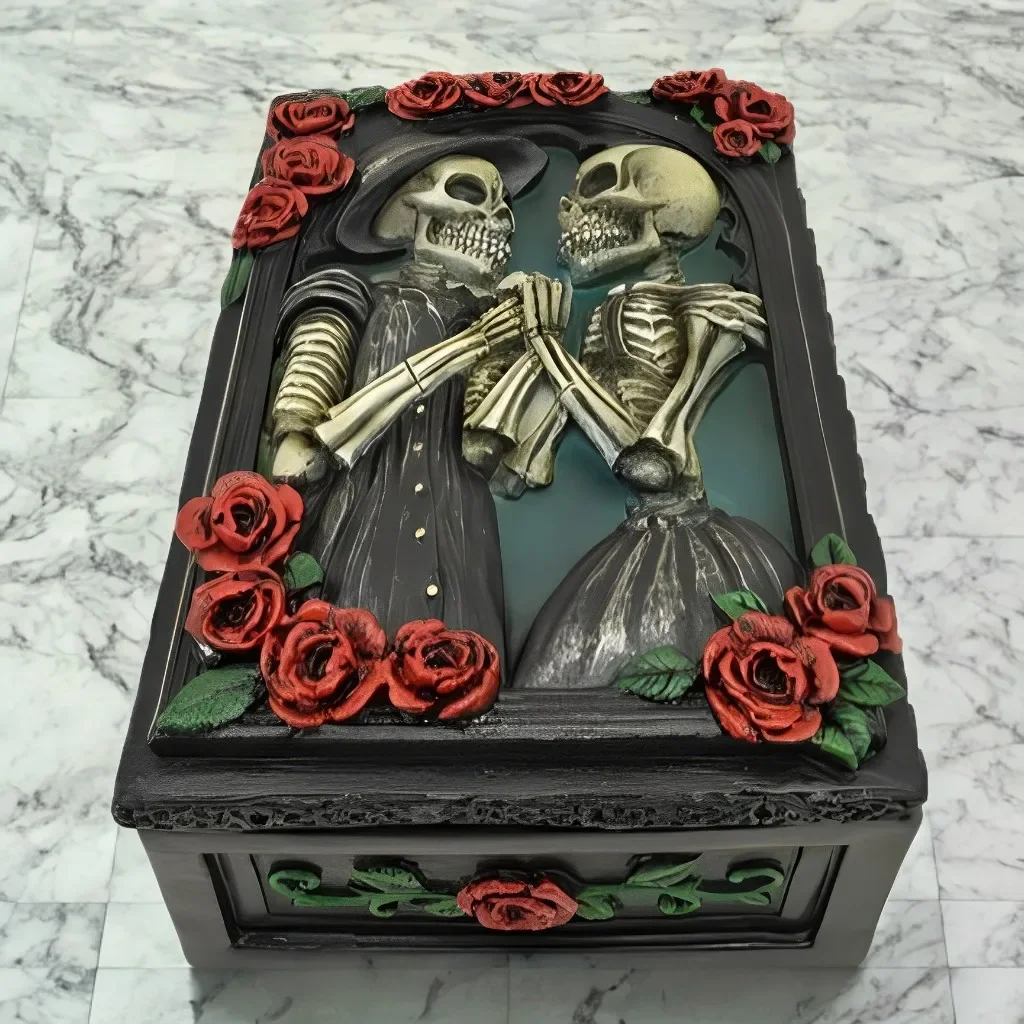 Halloween 5.75"W Black Skull Couple Trinket Box Decorative Resin Statue Sculpture for Home, Office, or Bookshelf