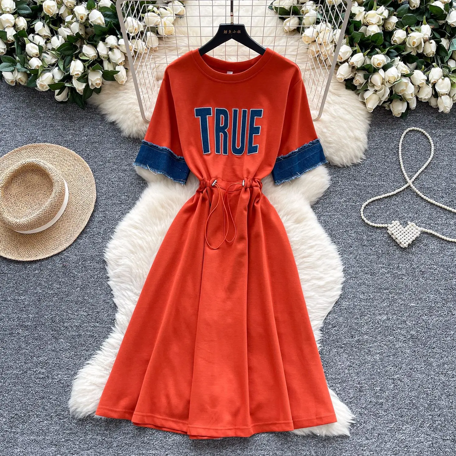 

Mid Length Dress Women Dresses A Line Vestidos Streetwear Round Neck Short Sleeve Elegant Splice Y2k Drawstring Summer 2025