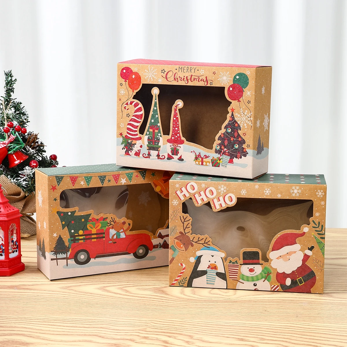 6pcs Christmas Kraft Paper Candy Gifts Boxes With Window Christmas Decorations For Home Cookies Packaging Box Xmas Party Decor