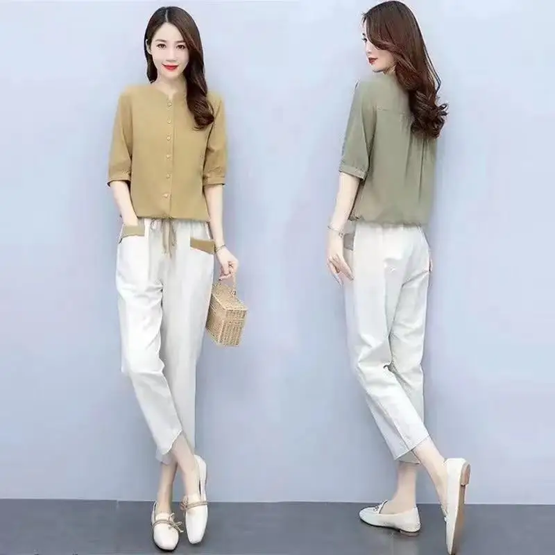 Summer New Simple Button Chiffon Shirt Blouse Lace Up Wide Leg Pants Two Piece Elegant Women's Pants Set Casual Outfits