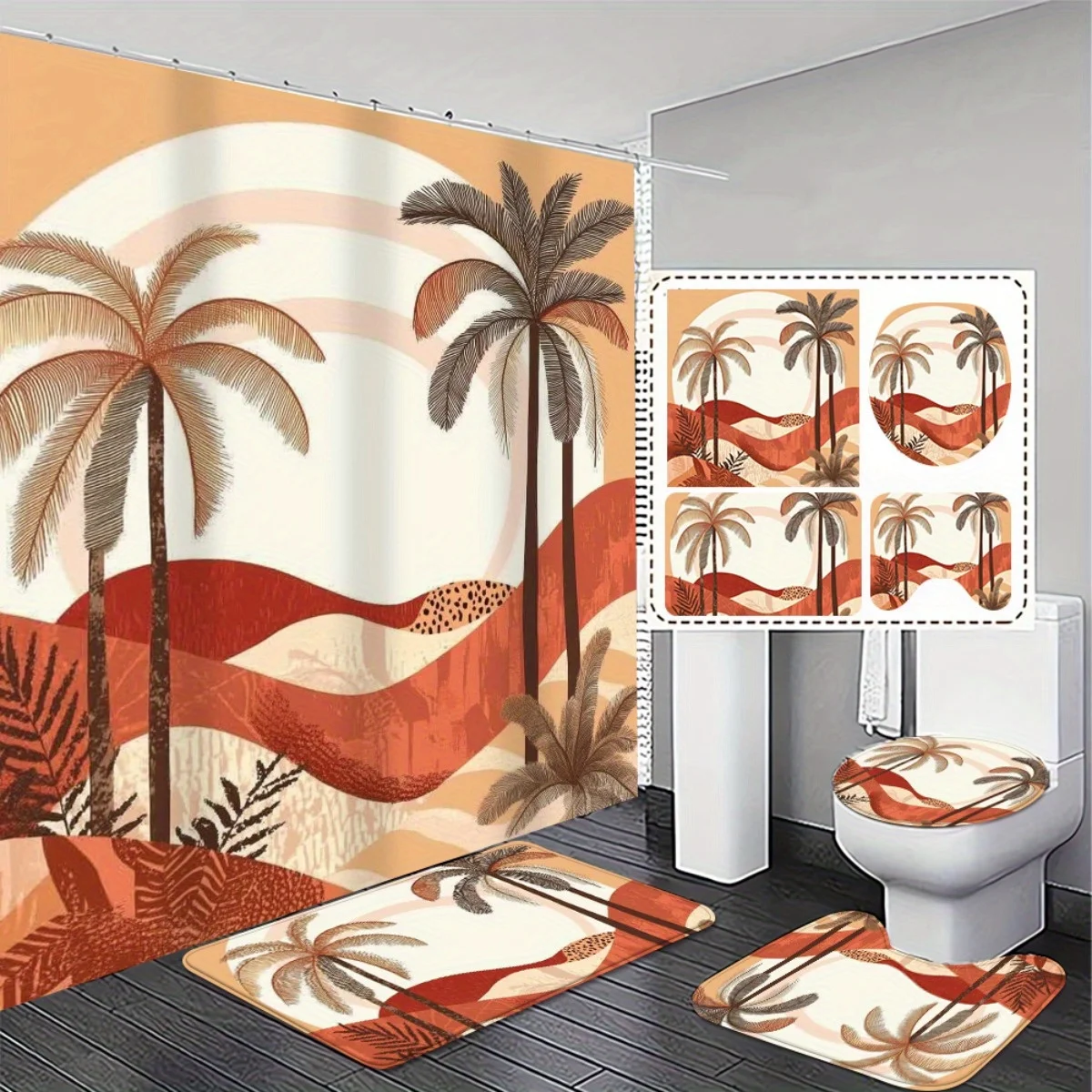 

4pcs Fashionable and simple Elegant and Durable High Quality Shower Curtain with Matching Non-Slip Bath Mat Set - Tropical