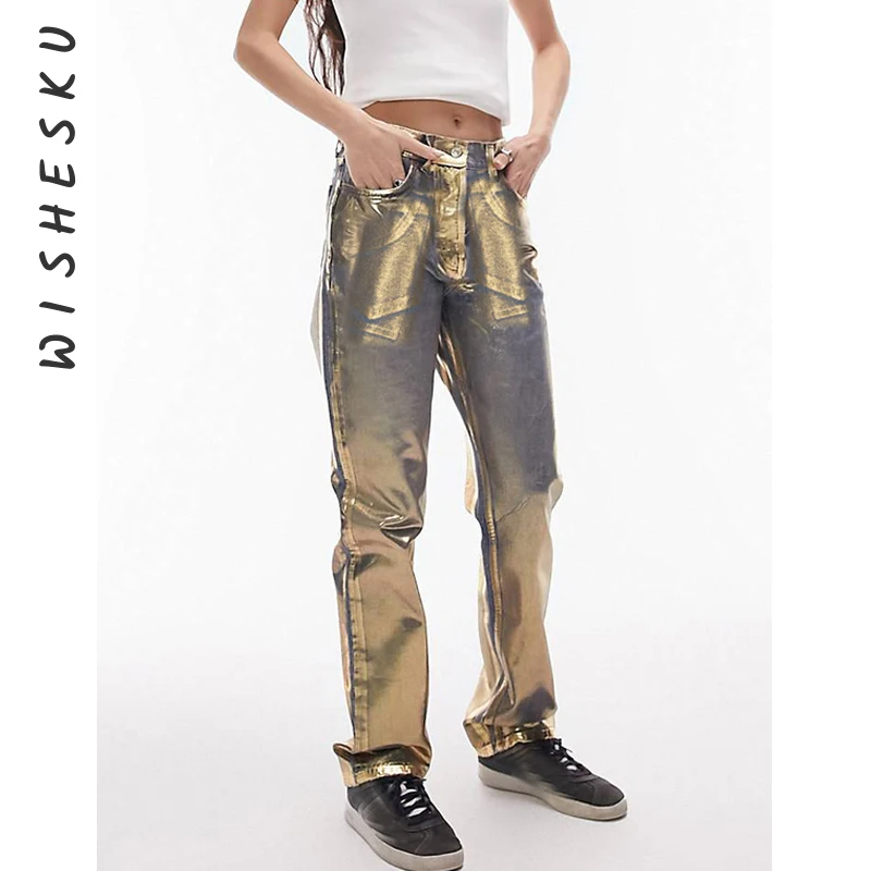 Sexy Metallic Straight Jeans Women High Waist Casual Denim Pants 2023 Spring Fall Harajuku Birthday Luxury Y2K Clothes