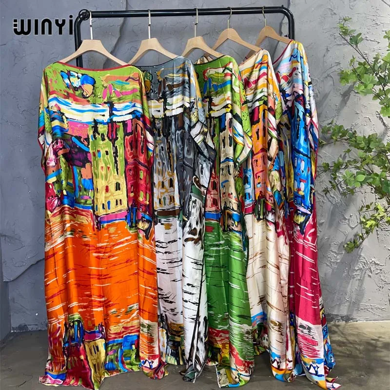 WINYI 2023 nowa afrykańska muzułmańska pani lato Boho nadrukowane Graffiti Kaftan sukienka na wakacje luźna kuwejt moda Streetwear Abaya