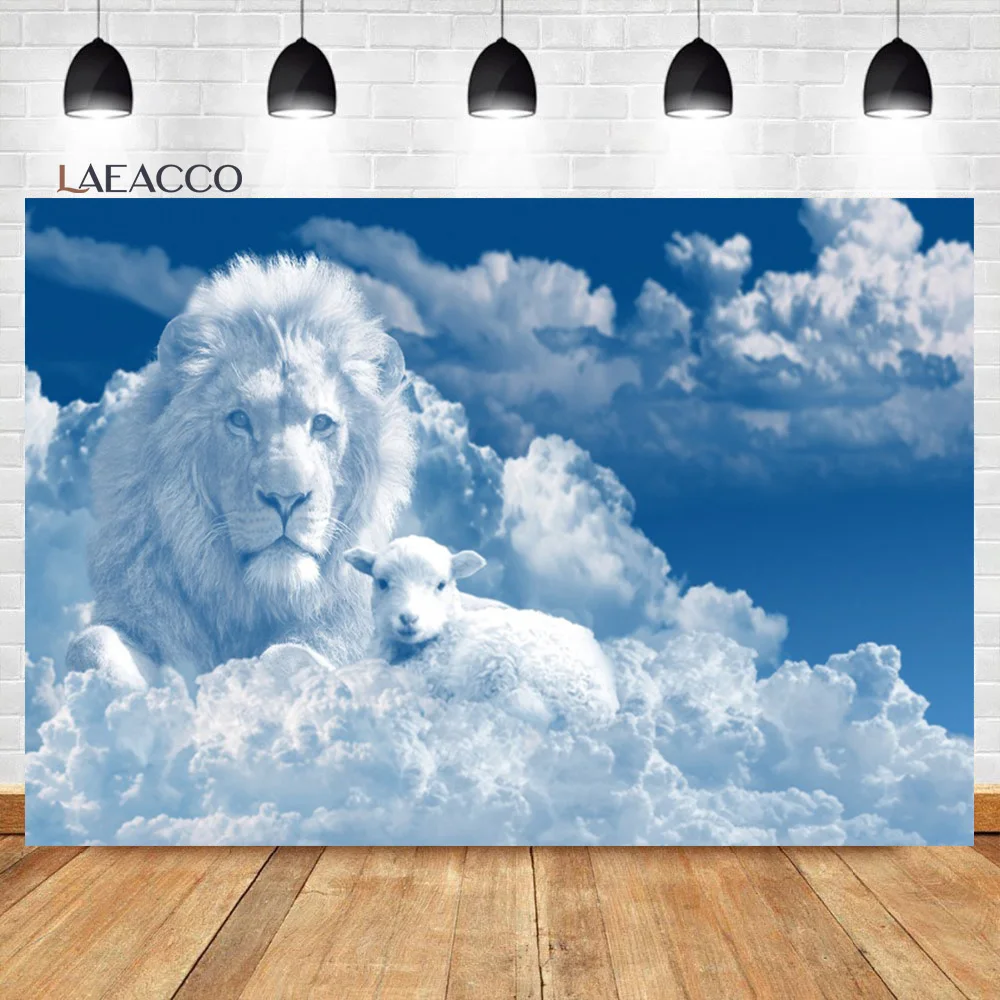 

Laeacco Blue Sky White Clouds Photo Backdrop Cute Lion Sheep Kid Adults Baptism Portrait Photography Background For Photo Studio