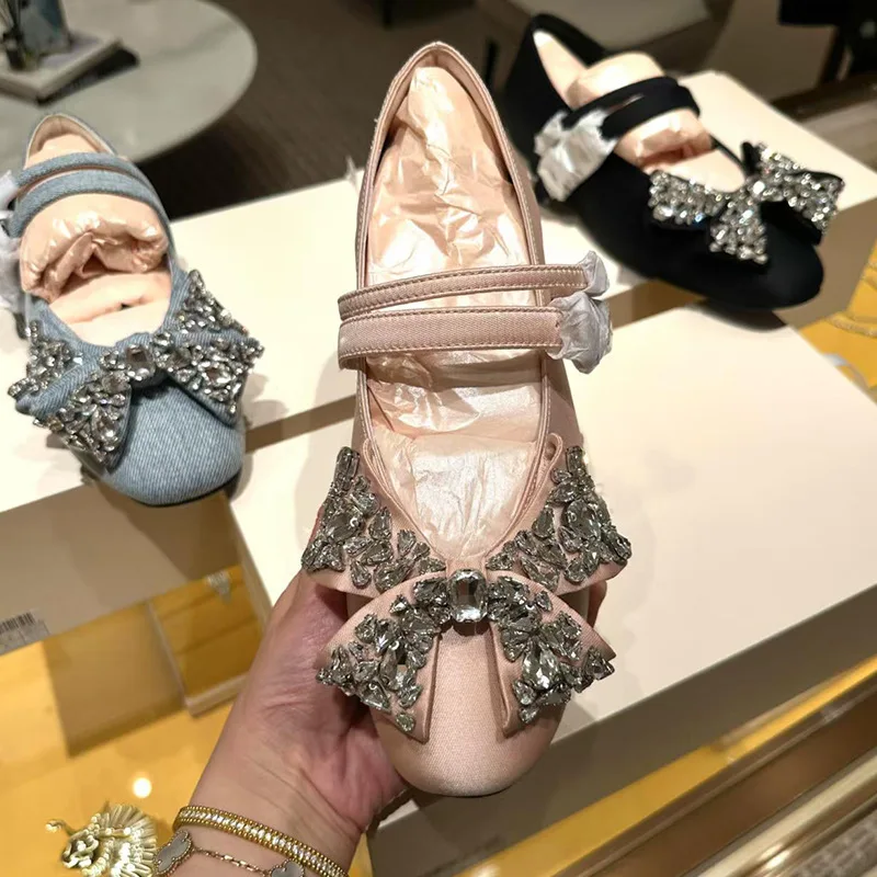 2025 French rhinestone round head bow blue ballet flats