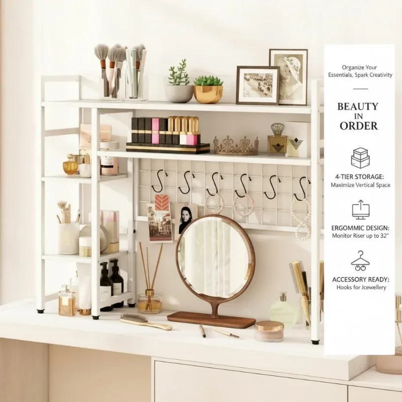 Büro-Organisationsregal 94 x 25 x 74 cm, verstärkte Metallkonstruktion, 4 Regalböden aus Metallgitter, 6 verstellbare Haken für Bildschirme bis 32 Zoll, verstellbare Füße und Aufbewahrungskomponenten.