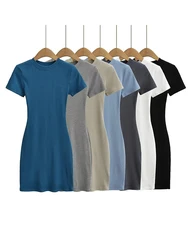 Summer Short Sleeve O-neck Knitted Mini Dress Women Solid Color Basic 14 Colors Dresses