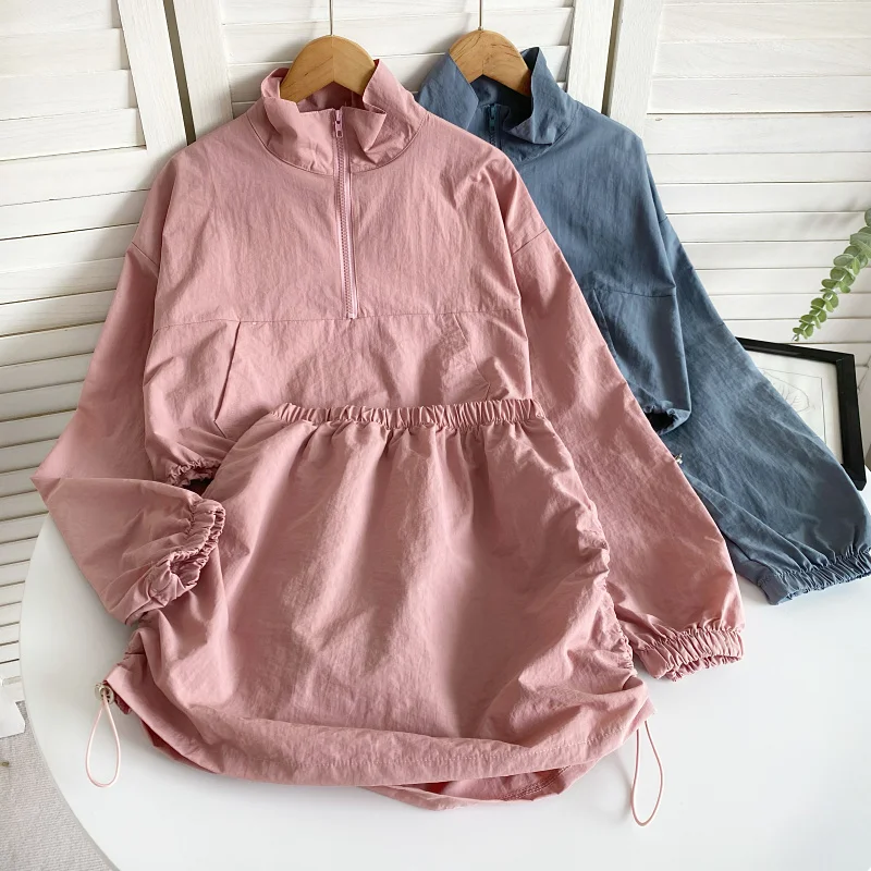 

Simple Versatile Stand Collar Bubble Sve ort Jaet Top Elastic Waist Pleated Skirt Set Faionable Workwear