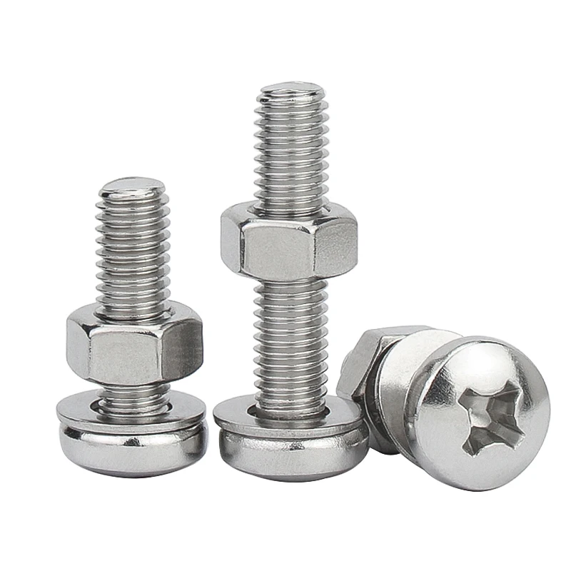 304 Stainless Steel 3 in 1 Three-Piece Combination Screw Nut Washer Set Round Head Cross Bolt M2 M2.5 M3 M4 M5 M6 M8 M10