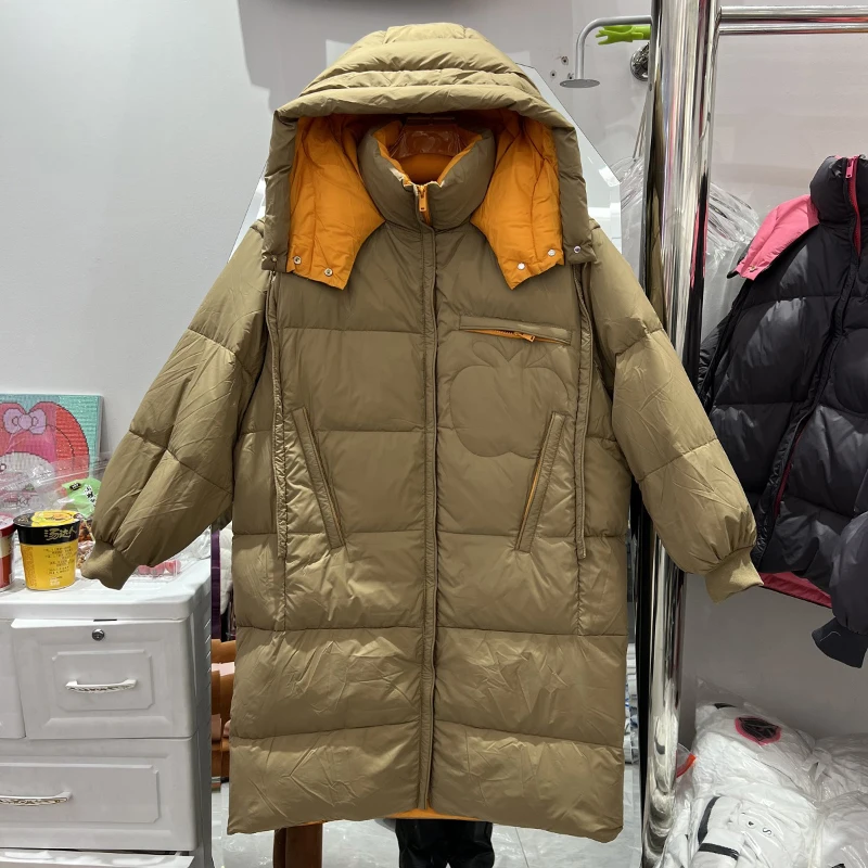 2023 Women's Mid-Length Down Jackets Contrast Color Hooded Loose Fluffy Thermal Windproof Overcoats Office Lady Wear