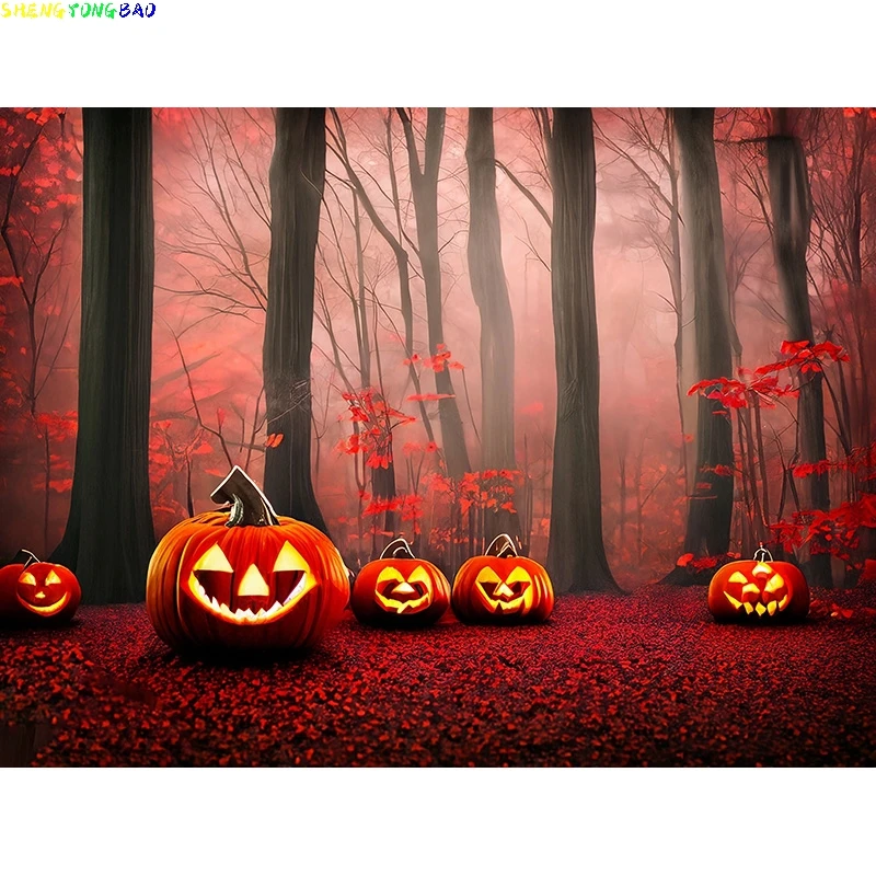 Halloween Backdrop Full Moon Scary House Night Castle Graveyard Forest Bats Pumpkin Lantern Spooky Photography Background  SJ-1