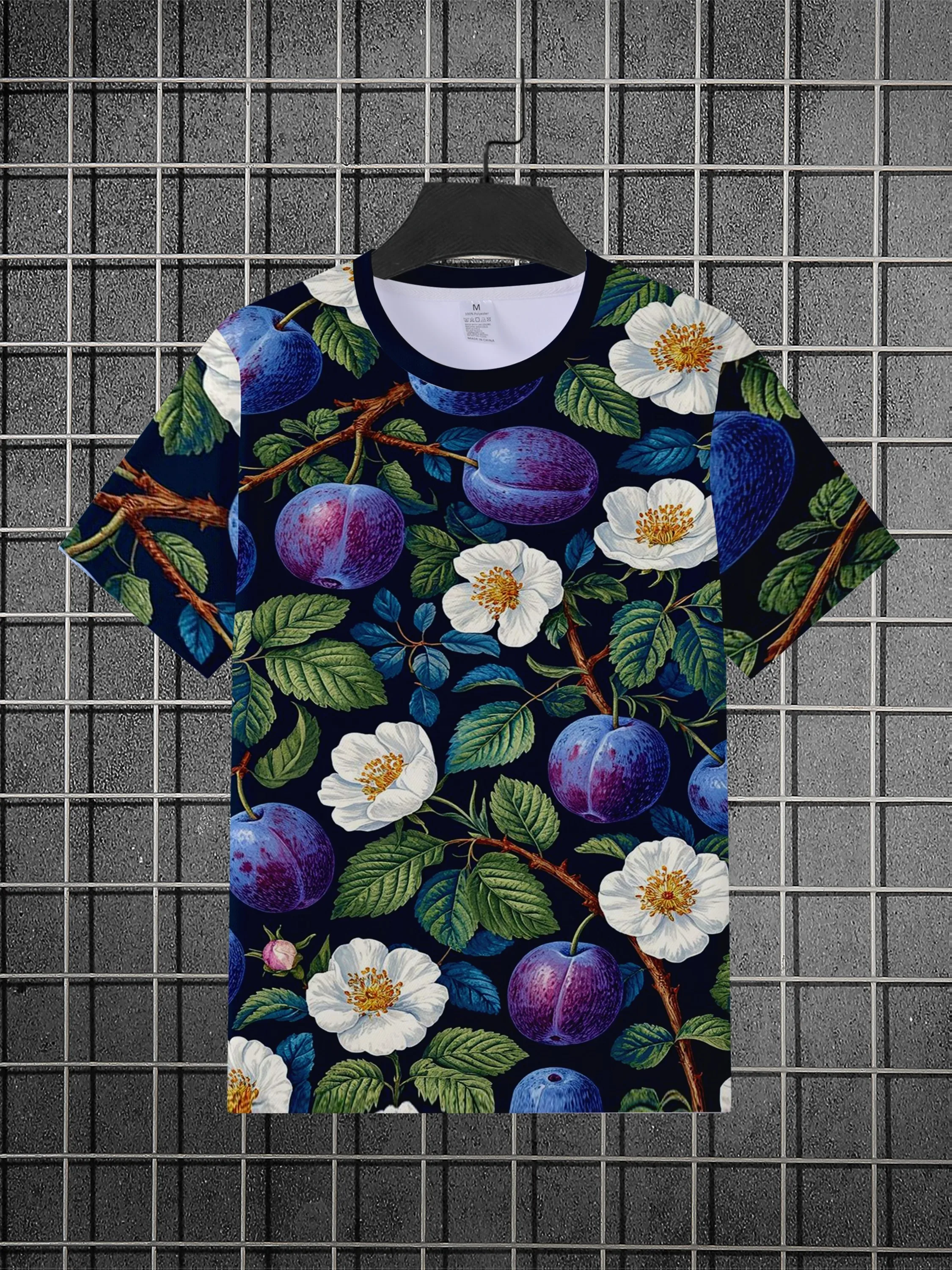 Men Dark Background Plum White Flower Leaf Print T-shirt O-neck Short Sleeve Vintage Fruit Floral Casual Tops