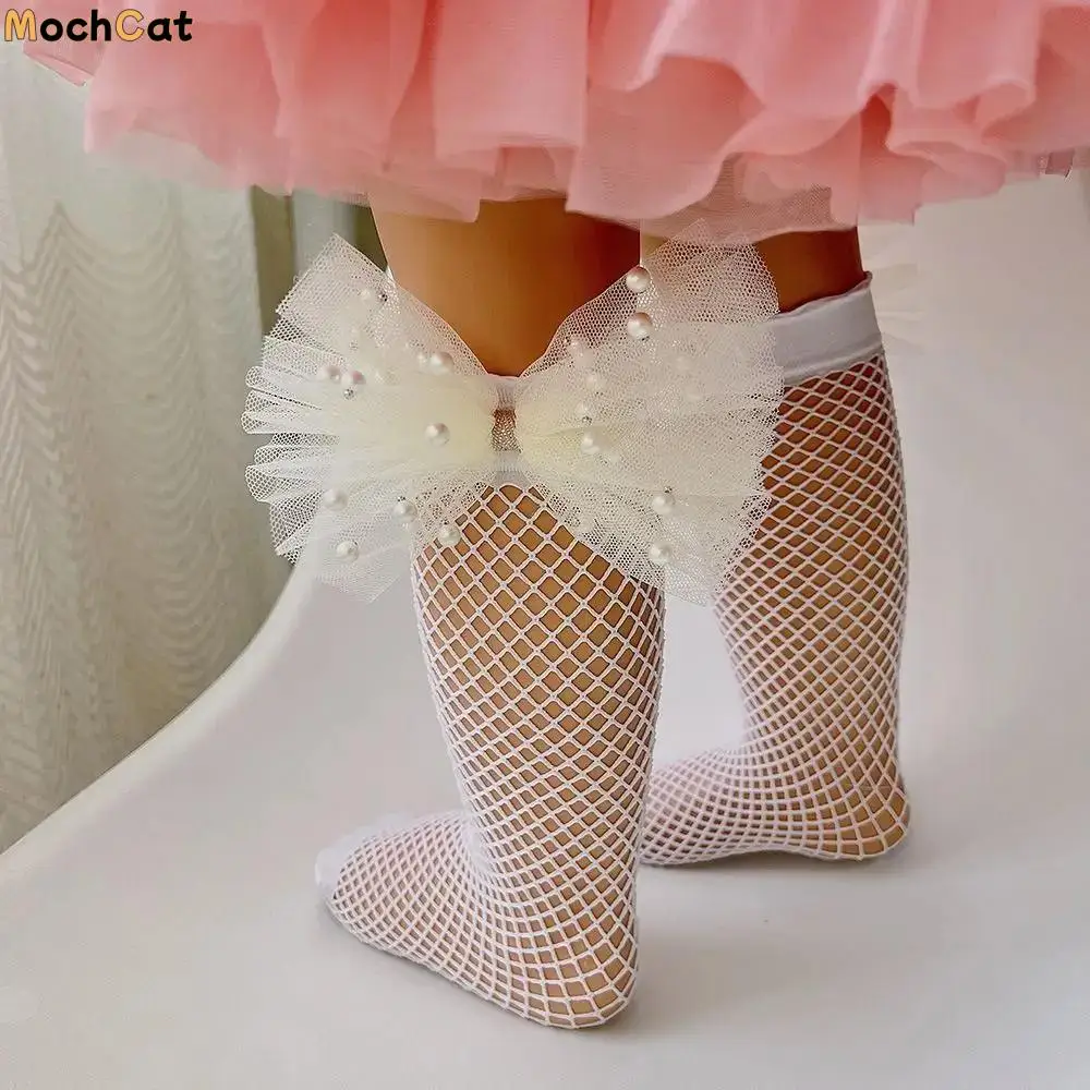 

Cute Sweet Imitation Pearl Bow Lace Fishnet Hollow Out Knee High Socks Girls Long Socks Kids Hosiery Korean Style Stockings