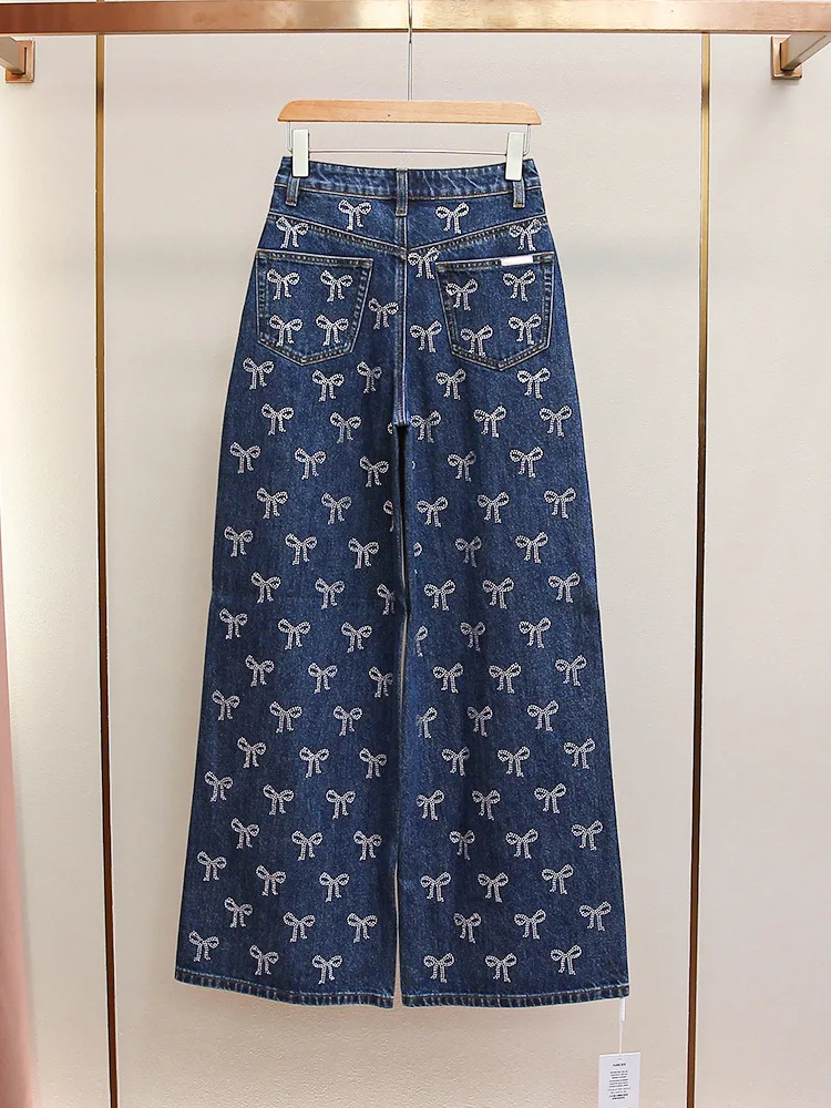 Autumn and winter new fashion retro French design feeling slimming bow hot diamond casual versatile wide leg jeans for women