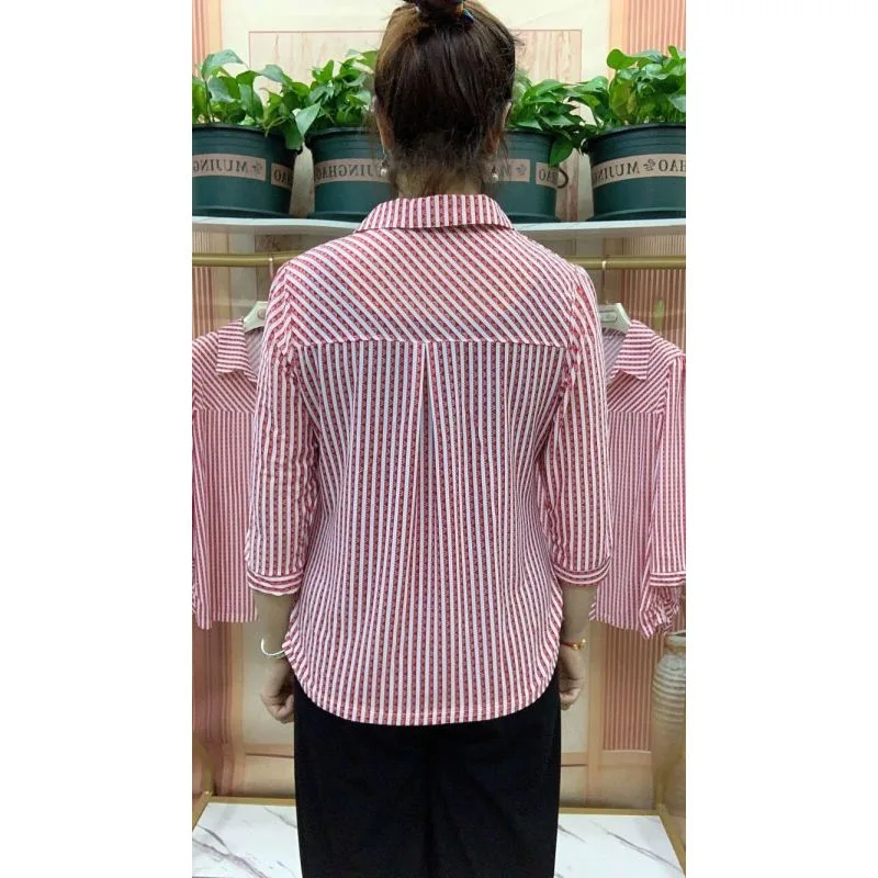 2024 Summer New Women\'s Simplicity Polo-Neck Button Spliced Irregular Fashion Loose Casual 3/4 Sleeved Striped Shirt Tops